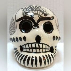 Sugar Skull Small Ceramic Folk Art Talavera White Black Pattern Mexico